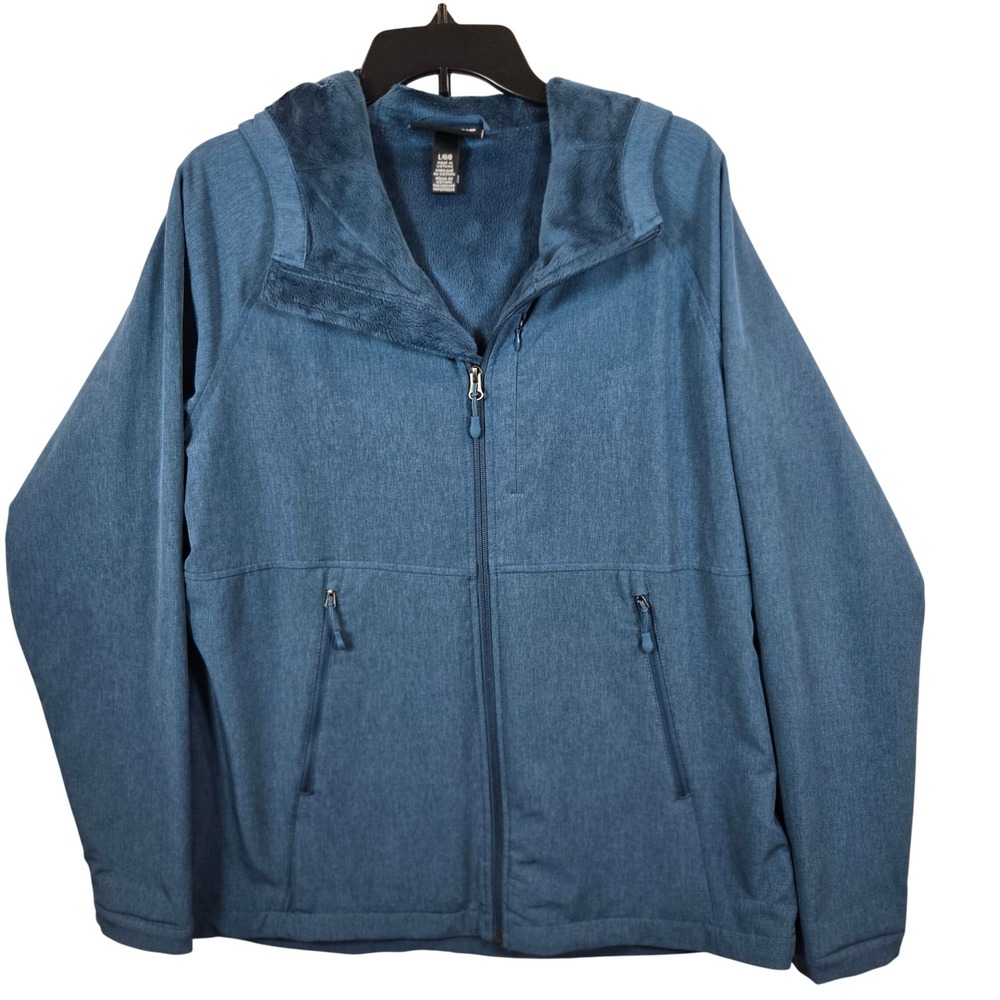 Kirkland Softshell Jacket Women L Blue Casual Faux Fur Lined Hooded Full Zip